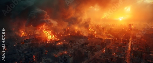 Aerial view of a city engulfed in flames with thick smoke billowing into the sky.