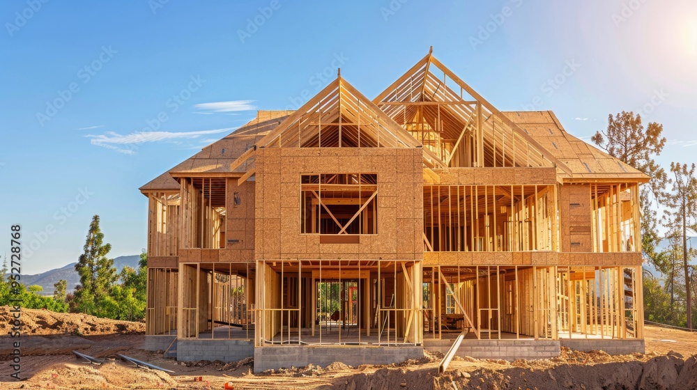 Construction site with wooden framework of a residential home being built Construction site with wooden framework of a residential home being built