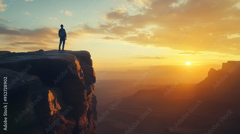 powerful scene capturing a person standing on a high cliff at sunrise powerful scene capturing a person standing on a high cliff at sunrise