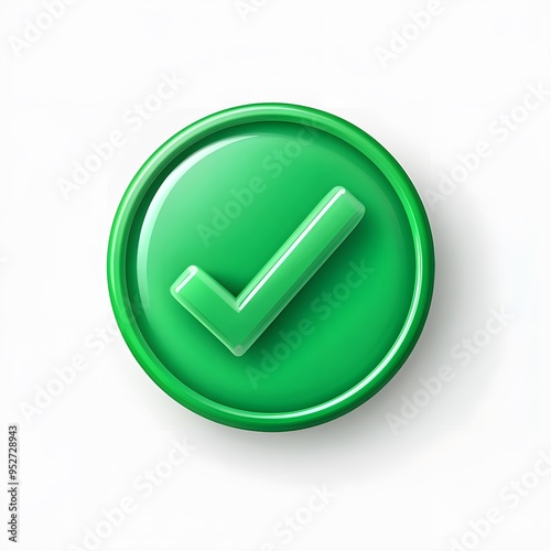 3d check icon, checklist tick, done mark. Vector realistic plastic style checkmark, symbol of selection, confirmation or approval. Green circle with a white, white background