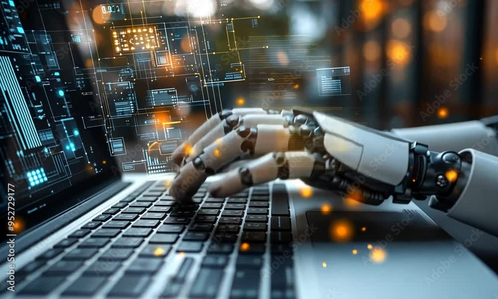 A robotic hand is typing on a laptop with glowing lines and dots in the background. A robotic hand is typing on a laptop with glowing lines and dots in the background.