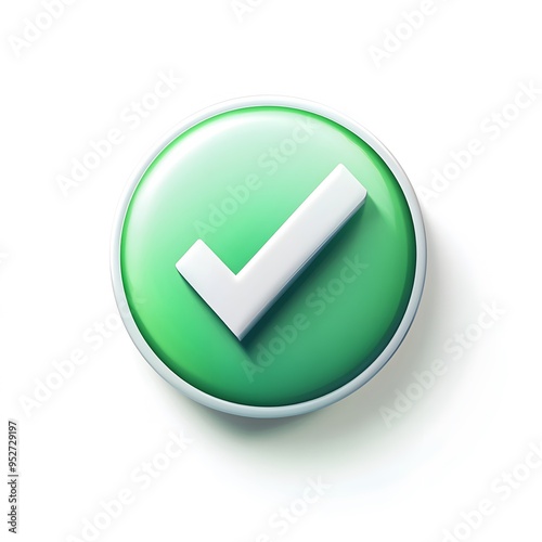 3d check icon, checklist tick, done mark. Vector realistic plastic style checkmark, symbol of selection, confirmation or approval. Green circle with a white, white background