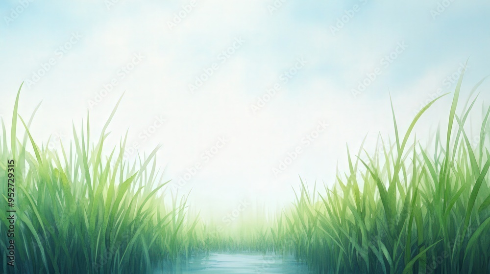 Fototapeta premium A serene landscape with lush grass and a tranquil water body under a soft blue sky, perfect for nature-themed projects.