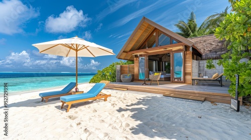 Cozy bungalow by the beach with sun loungers and umbrella