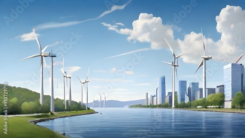 Wind Turbines Along the Hudson River: Illustrate wind turbines along the Hudson