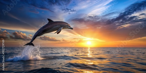 Dolphin leaping out of shimmering sunset sea water surface, dolphin, leaping, jumping, beautiful, sunset, sea water