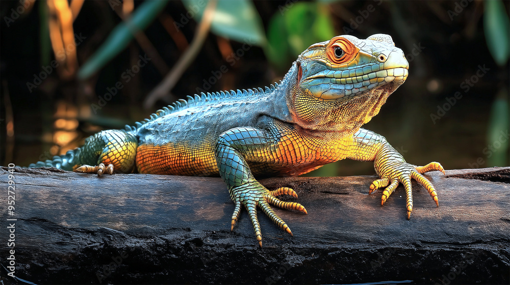 Obraz premium Caiman Lizard basking on a fallen log by Pantanal river, vibrant reptile in sunlight 