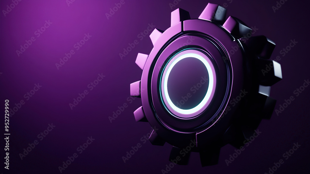 A single gear with a glowing center in a dark purple background. A single gear with a glowing center in a dark purple background.
