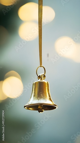 A single golden bell hanging from a delicate ribbon, with a soft-focus light color backdrop that enhances its shine photo