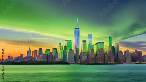  NYC skyline during sunset with a green glow emanating from eco-friendly buildings, using warm oranges and yellows mixed with a hopeful green,