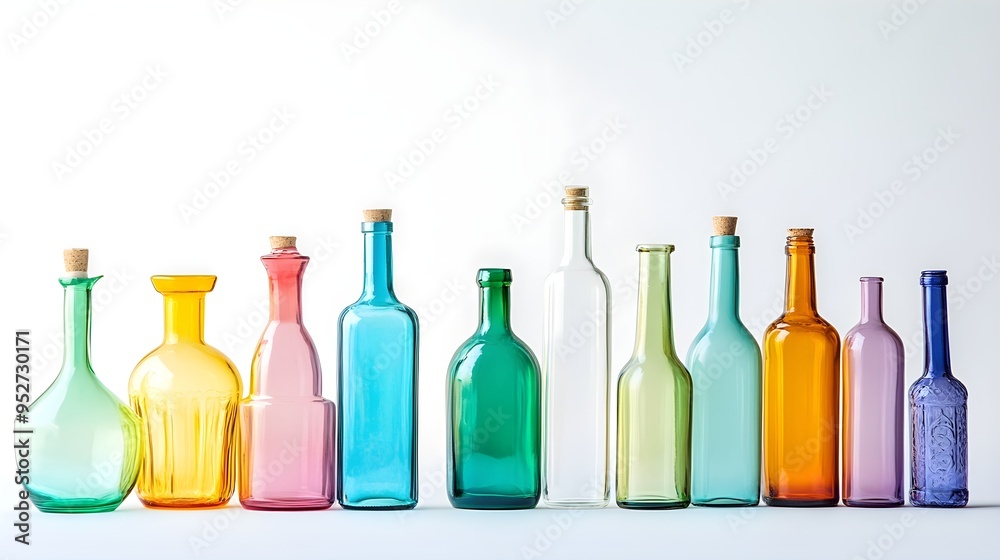 A collection of colorful glass bottles arranged artistically on a light solid color background, perfect for showcasing a vibrant aesthetic A collection of colorful glass bottles arranged artistically on a light solid color background, perfect for showcasing a vibrant aesthetic