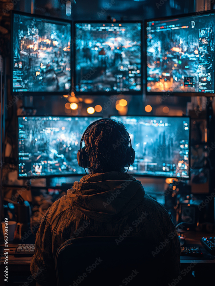 Man Playing Video Games on Multiple Monitors
Man Playing Video Games on Multiple Monitors