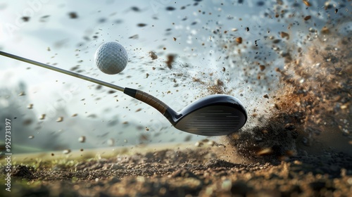 Driver club head hitting golf ball, impactful shot, dirt and grass flying, crisp detail photo