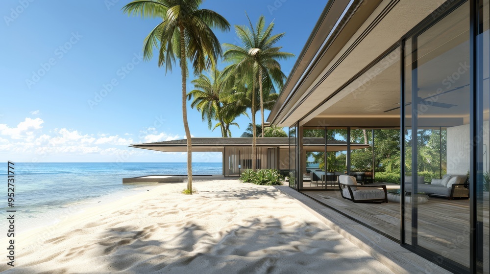 Fototapeta premium Elegant beachfront bungalow with large windows and oceanfront patio