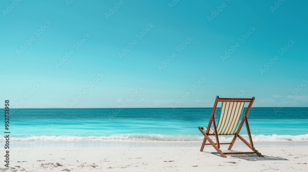 Empty beach chair facing ocean under clear blue sky Empty beach chair facing ocean under clear blue sky