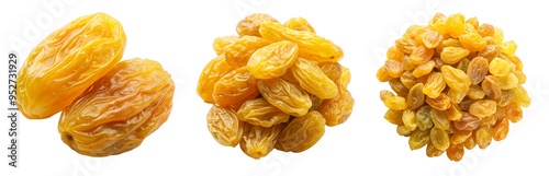 Mixed Golden Raisins Displayed with Varied Wrinkled Textures on Transparent Background