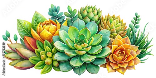 A visually striking illustration showcases a stylized succulent arrangement with vibrant green, yellow, and orange leaves and stems set against a pure white backdrop. photo