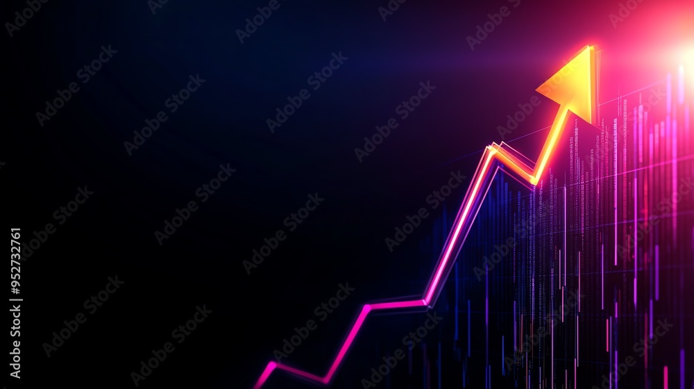 Rising trend graph with a glowing arrow on a dark background, symbolizing growth and financial success in a vibrant futuristic style. Rising trend graph with a glowing arrow on a dark background, symbolizing growth and financial success in a vibrant futuristic style.