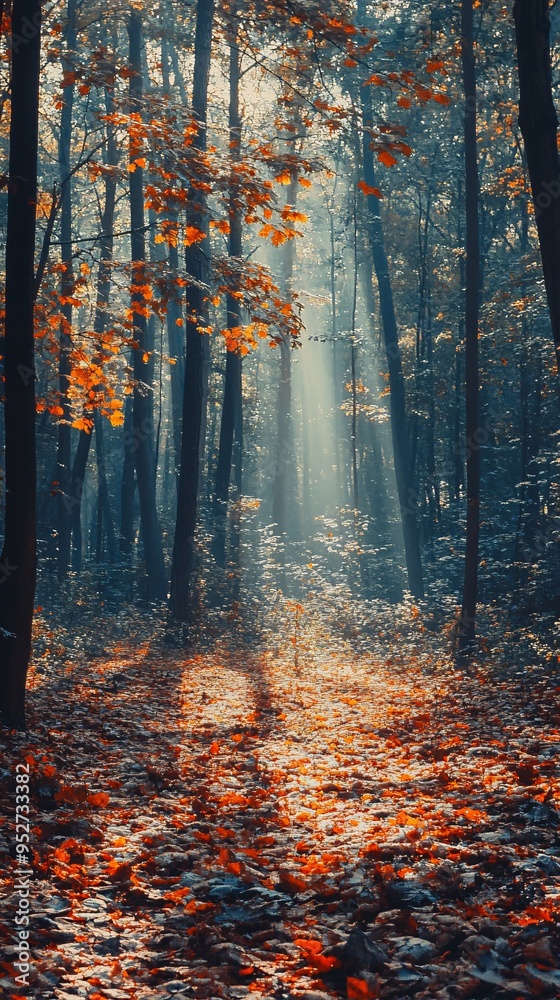 A path through a dense forest with a sunbeam illuminating the ground covered in autumn leaves. A path through a dense forest with a sunbeam illuminating the ground covered in autumn leaves.