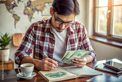 A man is sitting at a table with a notebook and a cup of coffee. He is writing in the notebook and holding a stack of $20 bills. The scene suggests that he is either writing a check or making a budget