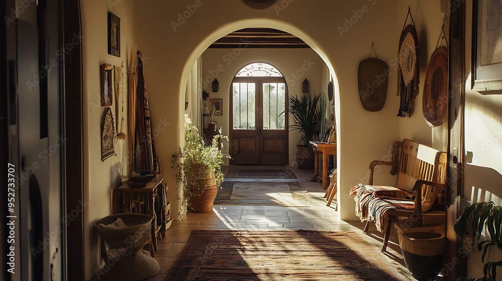 Sunlit Hallway with Arched Entryway and Rustic Decor Sunlit Hallway with Arched Entryway and Rustic Decor