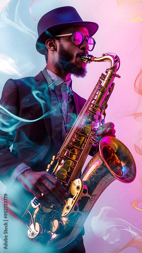 Fototapeta premium A saxophonist immersed in a solo performance against a soft light solid color backdrop, exuding emotion and creativity
