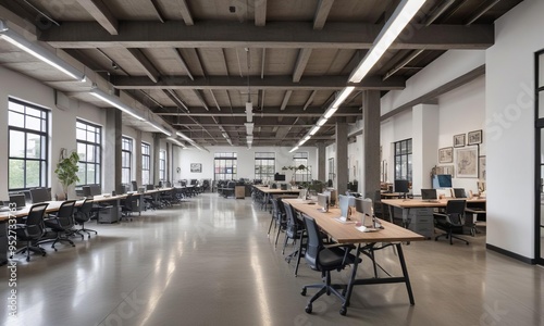 A large, modern open-plan office with rows of desks, ergonomic chairs, and computers, featuring natural light from big windows. 