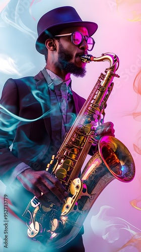 A saxophonist immersed in a solo performance against a soft light solid color backdrop, exuding emotion and creativity