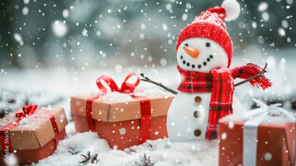 Gift boxes in snow with a snowman in the background Gift boxes in snow with a snowman in the background