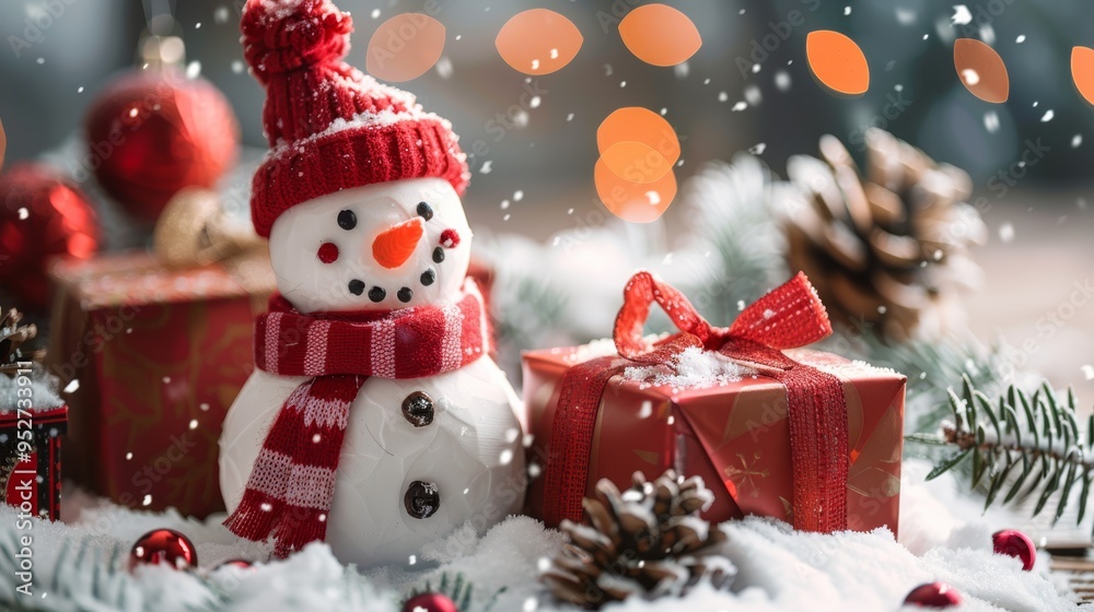 Fototapeta premium Gift boxes in snow with a snowman in the background