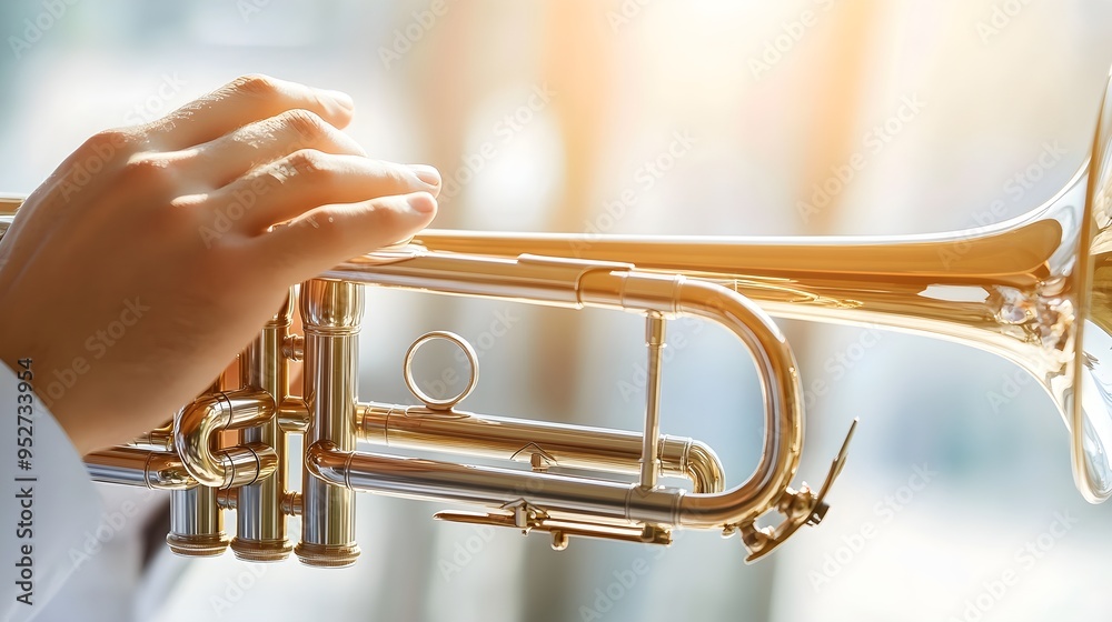 Obraz premium A close-up of a trumpeter's hands expertly maneuvering the valves of a trumpet, set against a soft, light backdrop