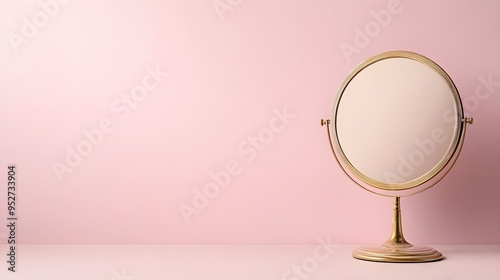 A tocador with a vintage mirror, elegantly positioned on a minimalist light solid color background, highlighting its craftsmanship photo