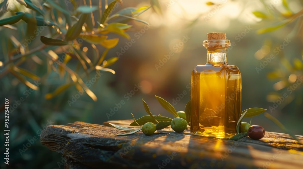 Glass bottle of olive oil with cork stopper on rustic wooden table surrounded by fresh olives and leaves in soft natural light Glass bottle of olive oil with cork stopper on rustic wooden table surrounded by fresh olives and leaves in soft natural light