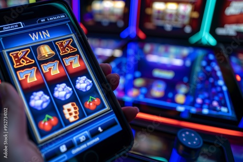 A woman's hand holds a phone playing in an online casino on the phone, on the screen 