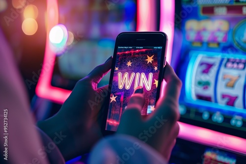 A woman's hand holds a phone playing in an online casino on the phone, the inscription on the screen 
