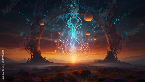 Abstract landscape of vivid, glowing orbs and intricate patterns, resembling an otherworldly spell being cast, with wisps of enchanted mist weaving through the scene photo