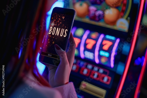 A woman's hand holds a phone playing in an online casino on the phone, the inscription on the screen 