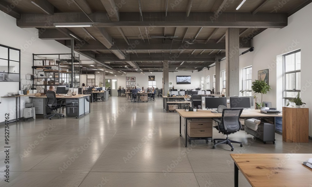 A large, modern open-plan office with rows of desks, ergonomic chairs, and computers, featuring natural light from big windows.
