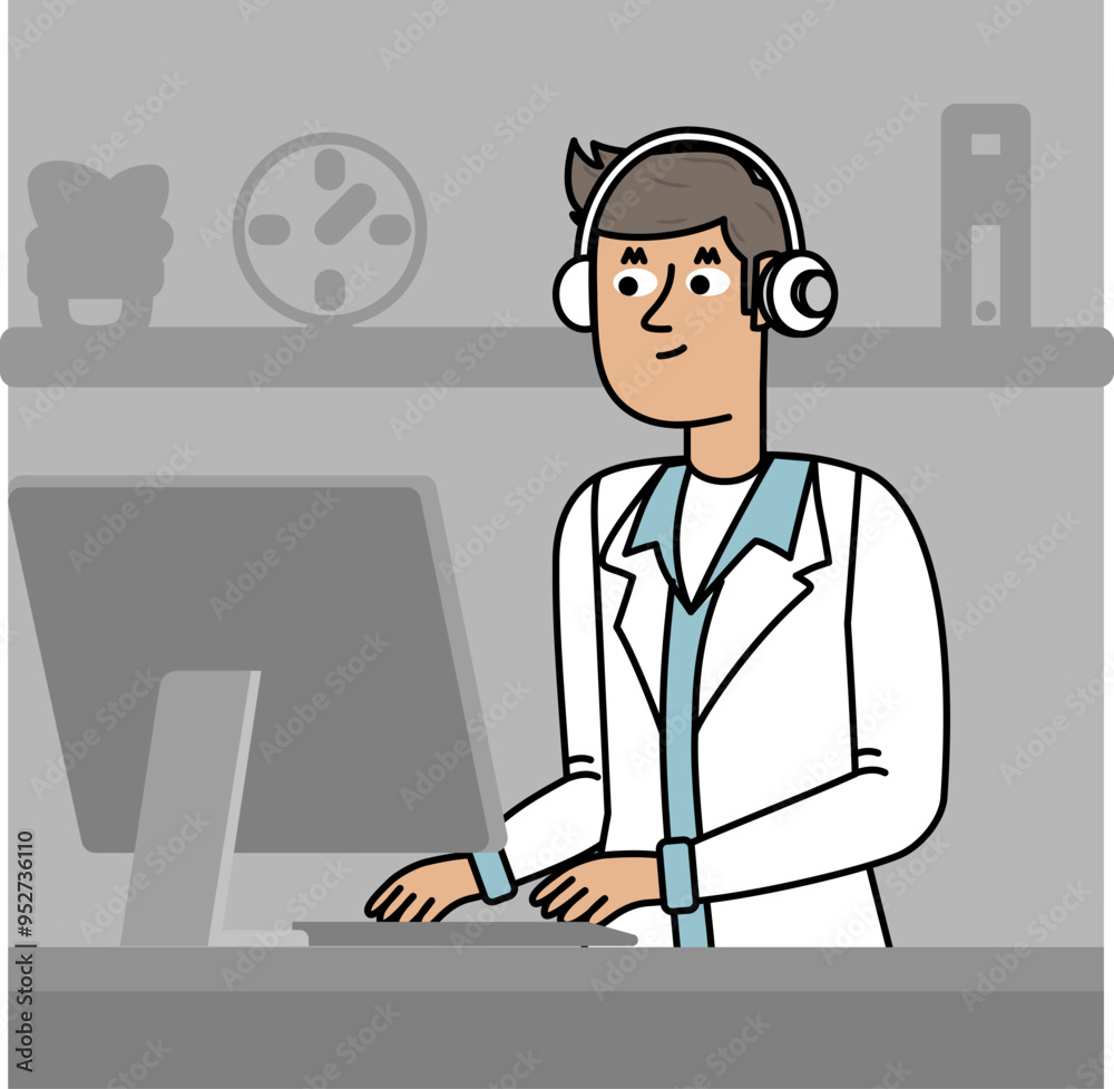 man working the call center in her office.eps man working the call center in her office.eps