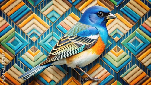 A whimsical Lazuli Bunting adorns a backdrop of interlocking triangles and linear strokes, its iridescent feathers shimmering against a subtle gradient of blues and greens. photo