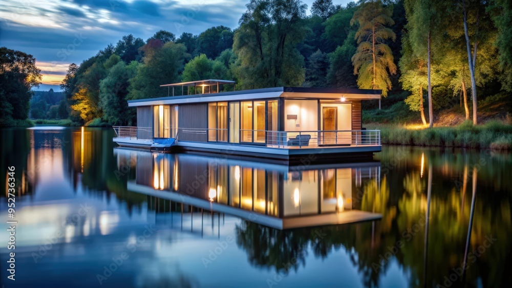 Modern houseboat illuminated on a tranquil lake surrounded by nature, houseboat, modern, illuminated, serene, natural Modern houseboat illuminated on a tranquil lake surrounded by nature, houseboat, modern, illuminated, serene, natural