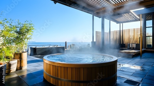 A tranquil atami experience with steam rising from a wooden onsen tub, set against a clear blue sky photo