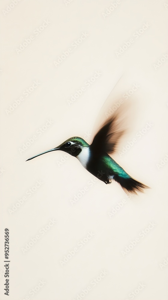 Fototapeta premium A hummingbird in mid-flight, wings blurred by motion, capturing the essence of speed and grace against a light solid color background
