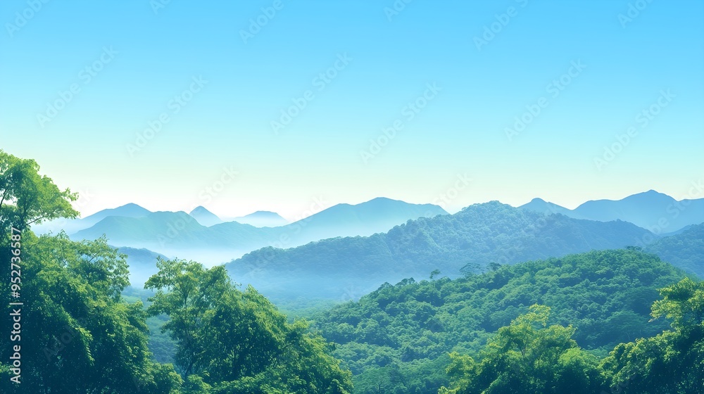 Obraz premium A serene landscape featuring lush green forests and distant mountains under a clear blue sky