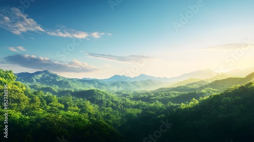 A serene landscape featuring lush green forests and distant mountains under a clear blue sky