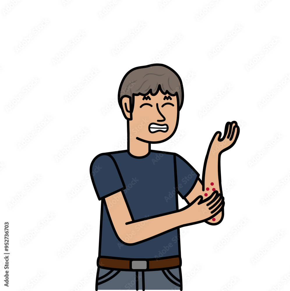 Boy with allergy scratching her hand.eps Boy with allergy scratching her hand.eps