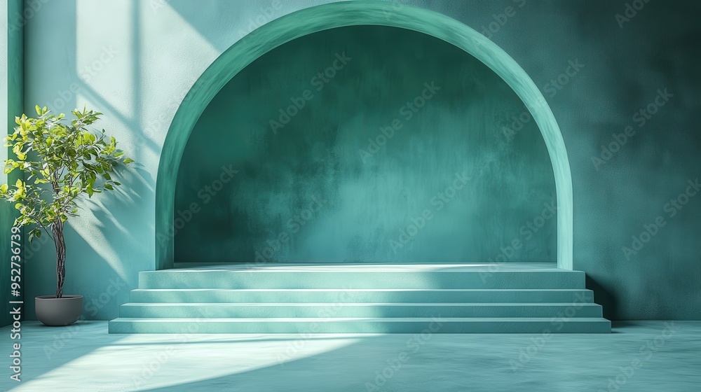 Empty rounded podium for product presentation with a blank mockup on a minimal 3D render pastel green background, serving as a futuristic showcase platform. Empty rounded podium for product presentation with a blank mockup on a minimal 3D render pastel green background, serving as a futuristic showcase platform.