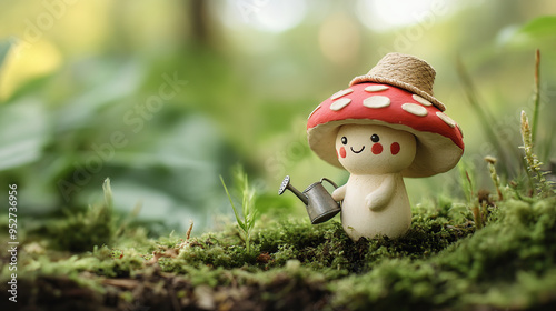 A small clay mushroom figurine wearing a straw hat and holding a watering can stands on a bed of green moss in a forest setting.