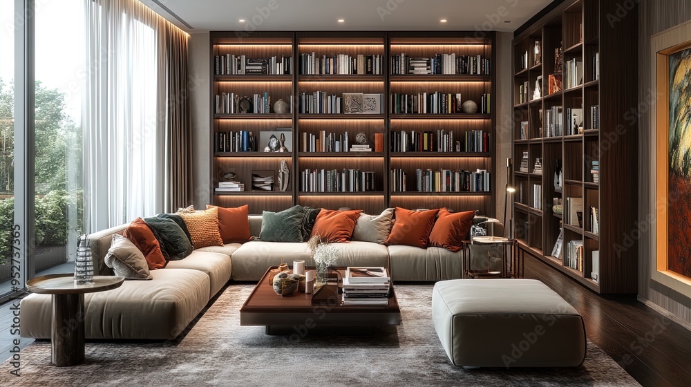 Cozy Living Room Poster: Plush Sofa, Colorful Cushions, and Natural Light - Perfect for Enhancing Any Stylish Interior Space Cozy Living Room Poster: Plush Sofa, Colorful Cushions, and Natural Light - Perfect for Enhancing Any Stylish Interior Space