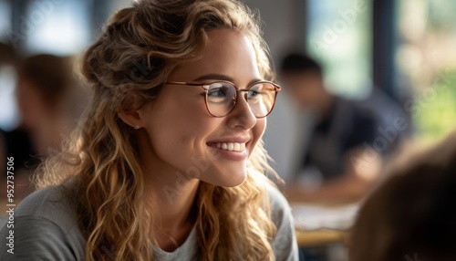 A young woman with curly hair and glasses smiling while sitting indoors. The scene is warm and friendly, capturing a moment of happiness and relaxation.